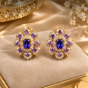 Amethyst and Blue Crystal Floral Stud Earrings