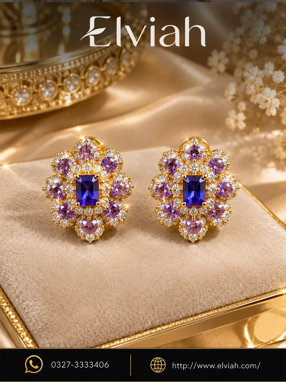 Amethyst and Blue Crystal Floral Stud Earrings