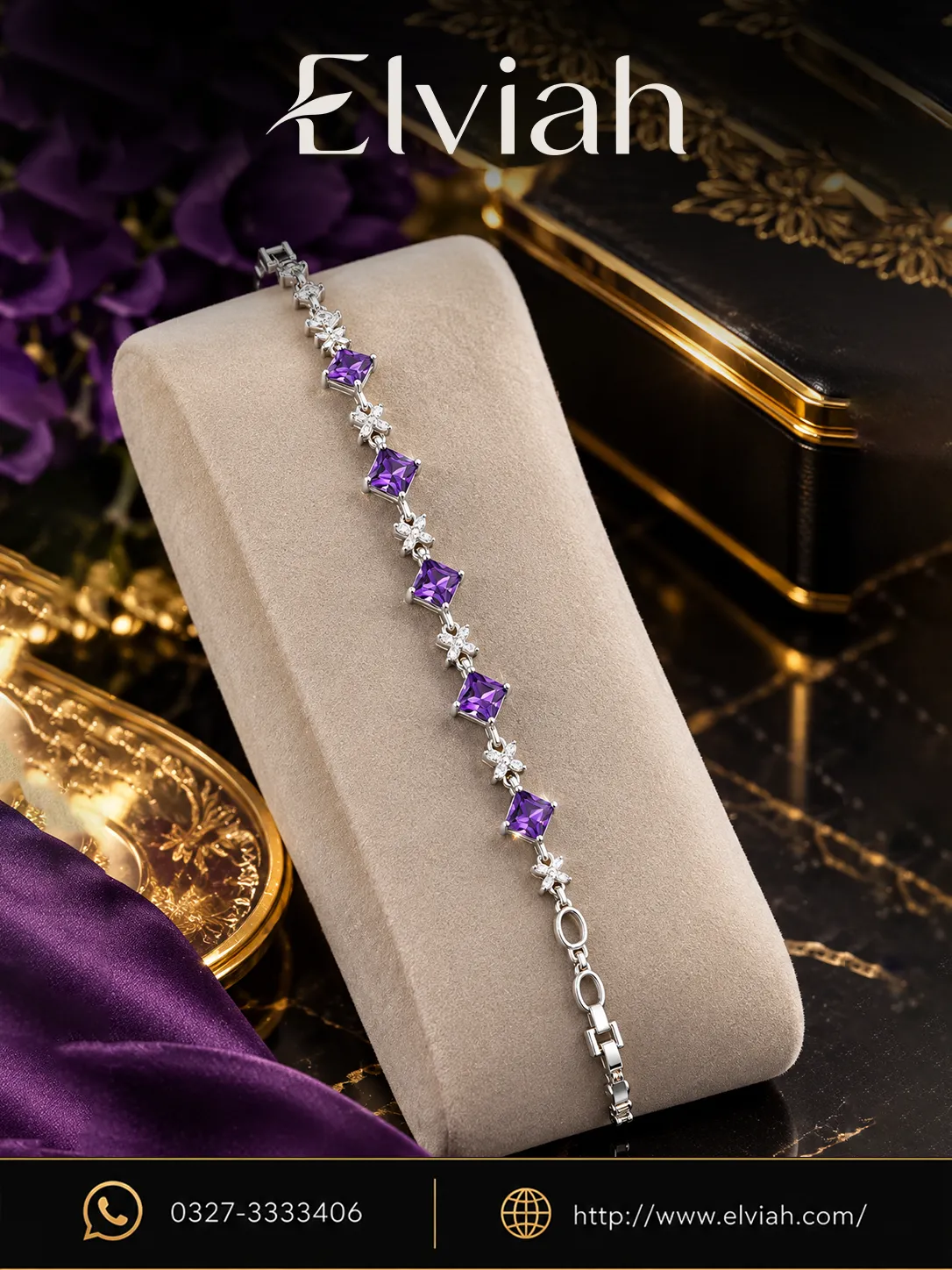 Amethyst Floral Link Bracelet (1) Purple Crystal Floral Bracelet