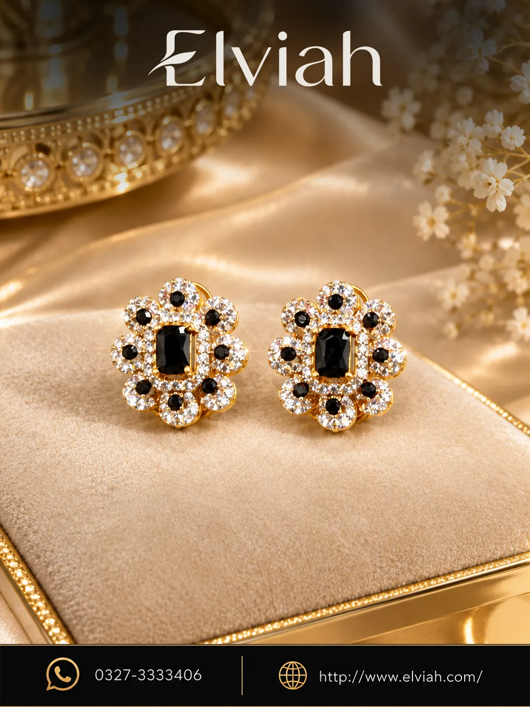 Black Onyx Style Floral Stud Earrings