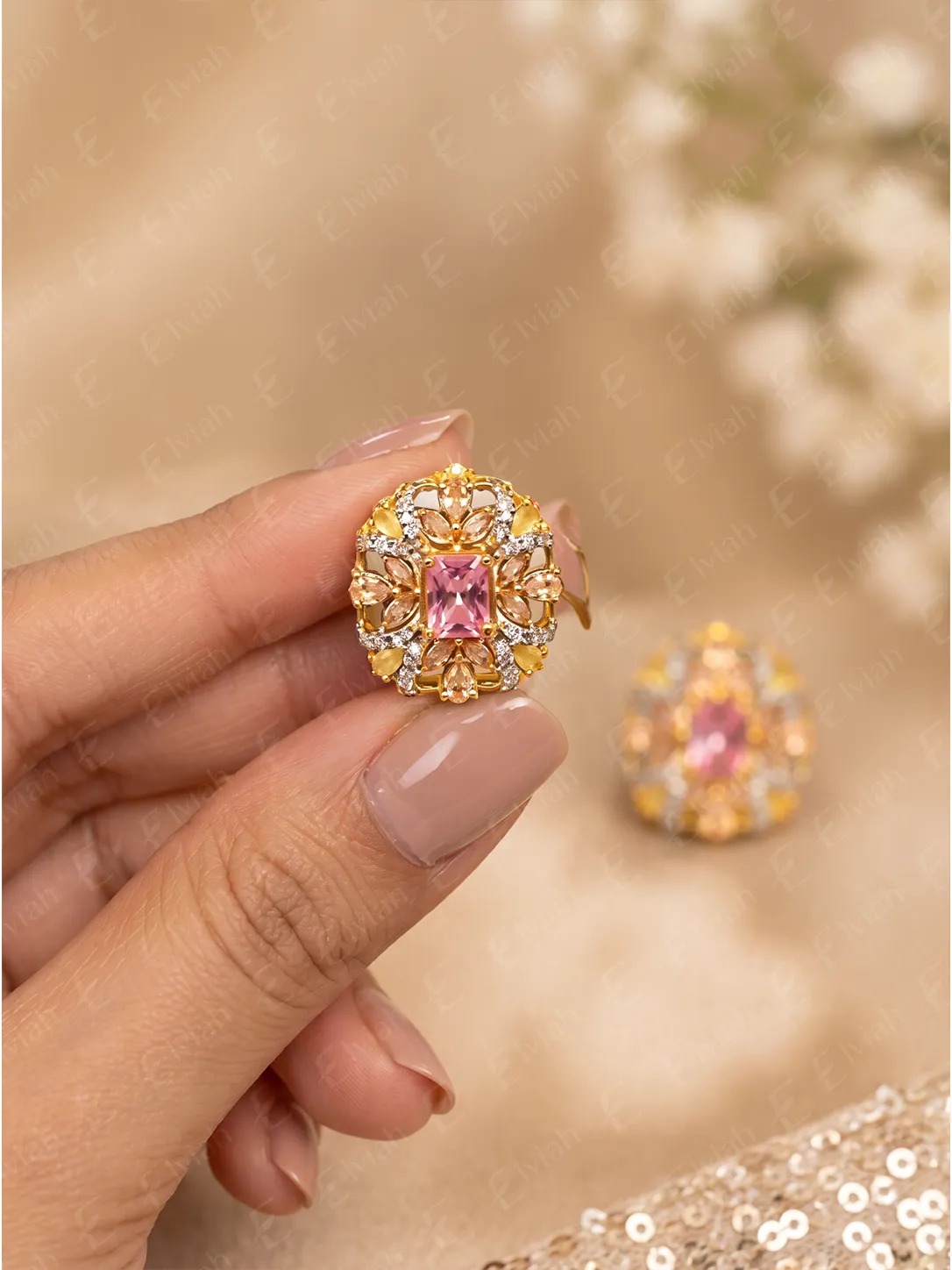 Blush Pink Floral Crystal Stud Earrings (4)