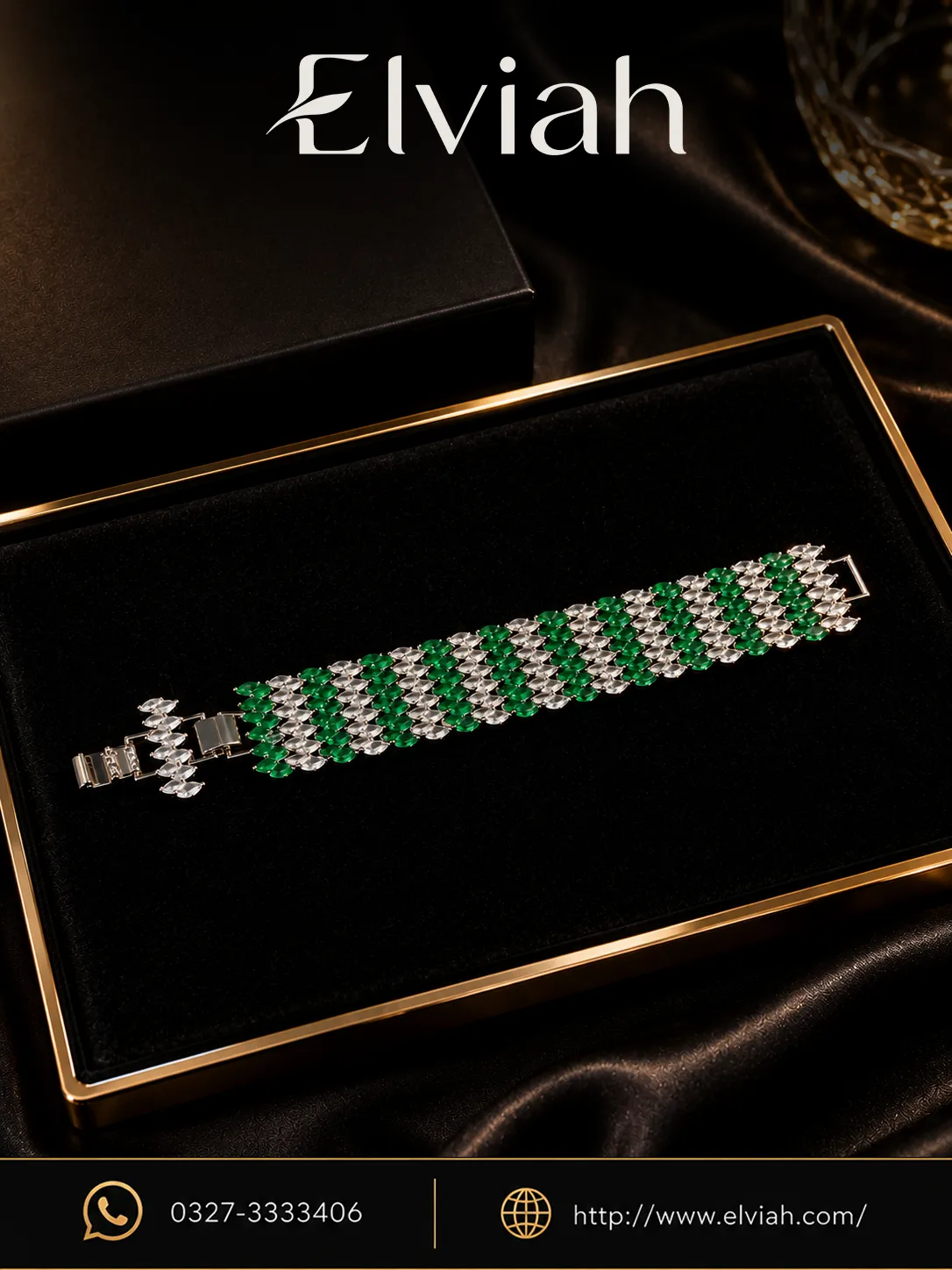 Emerald Mosaic Wide Bracelet (1) Green & Silver Statement Bracelet | Emerald Mosaic by Elviah