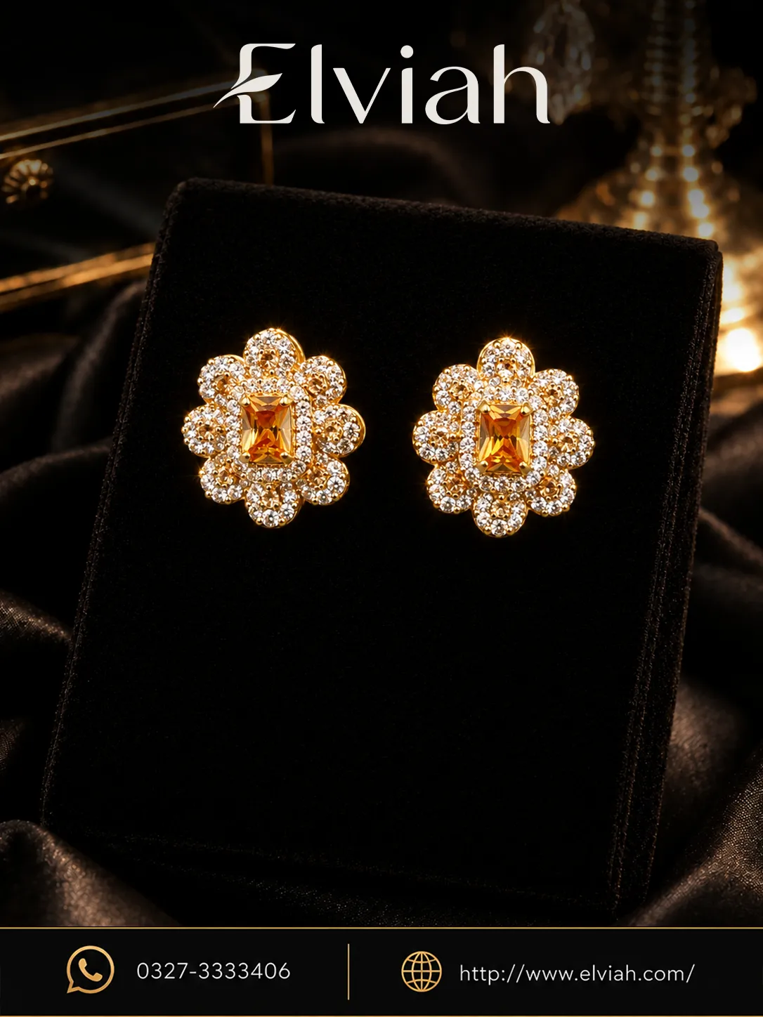 Golden Amber Floral Crystal Stud Earrings