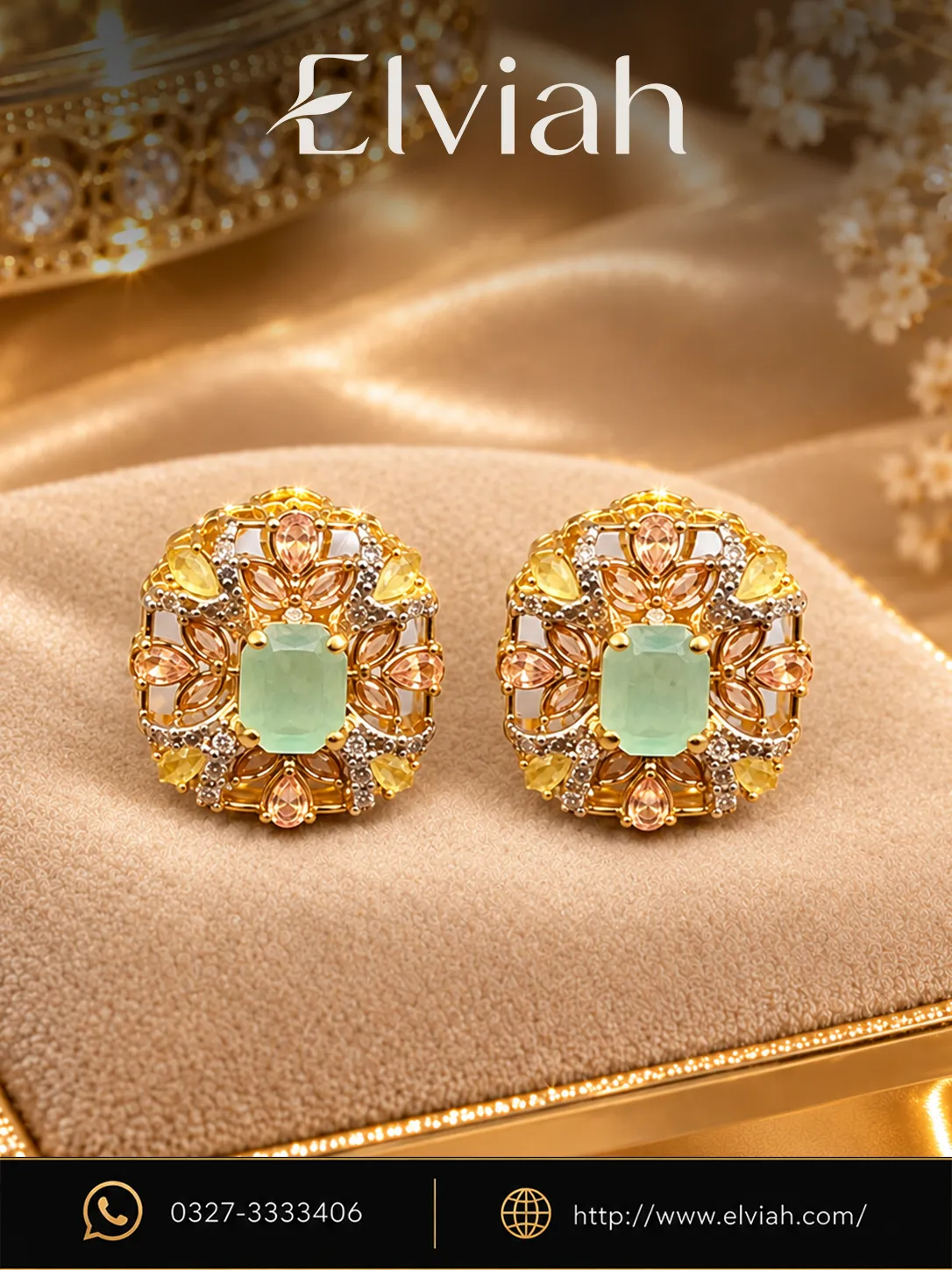 Mint Green Floral Crystal Stud Earrings