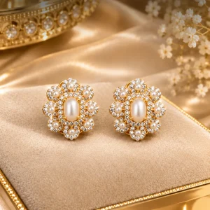 Pearl and Crystal Floral Stud Earrings