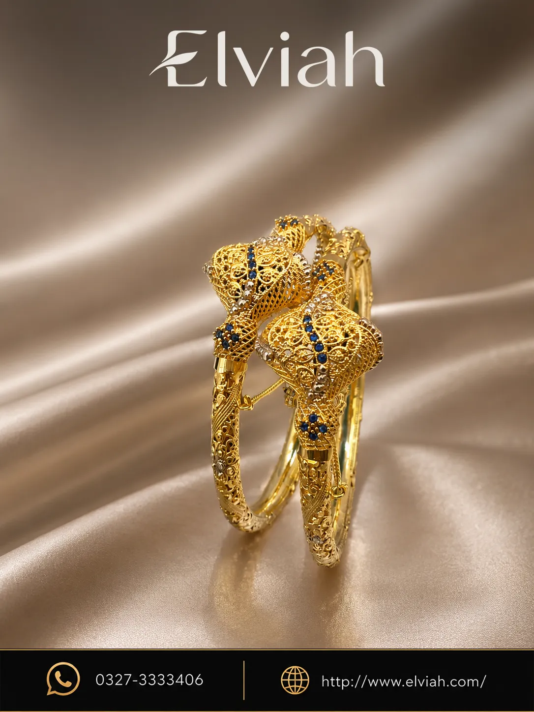 Sapphire Elephant Filigree Bangles (1) Blue Accent Gold Filigree Bangle Set