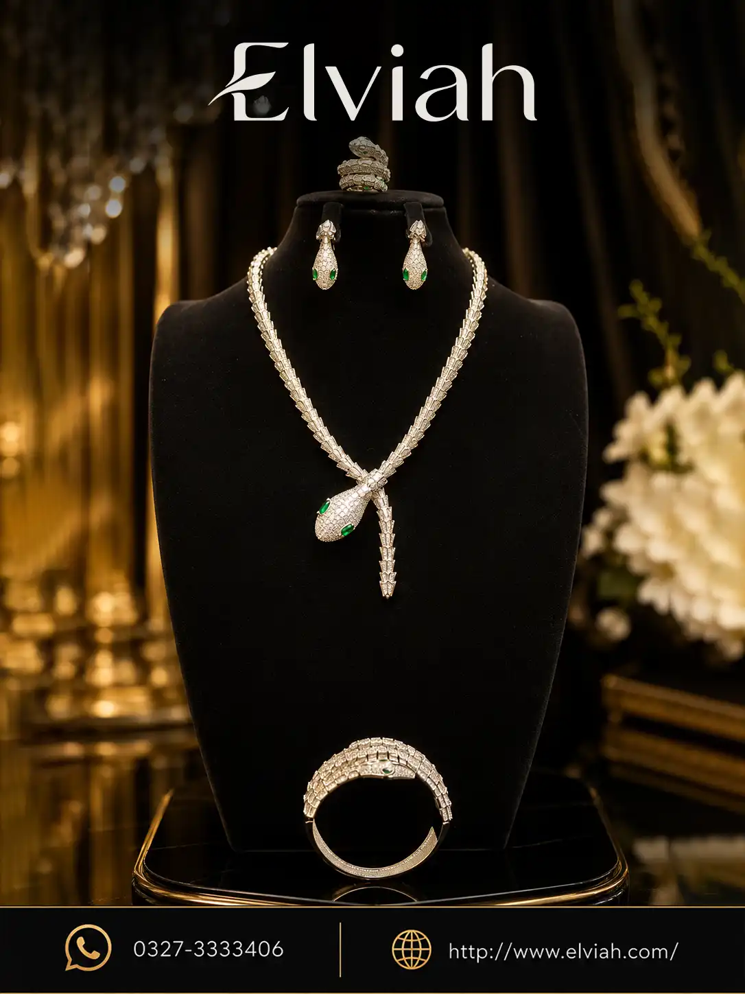 Serpent Luxe Emerald Set (1) Green Serpent Statement Jewelry Set | Elviah